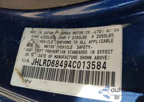 2004 Honda Cr-V Lx из США, поврежденный, VIN JHLRD68494C013584